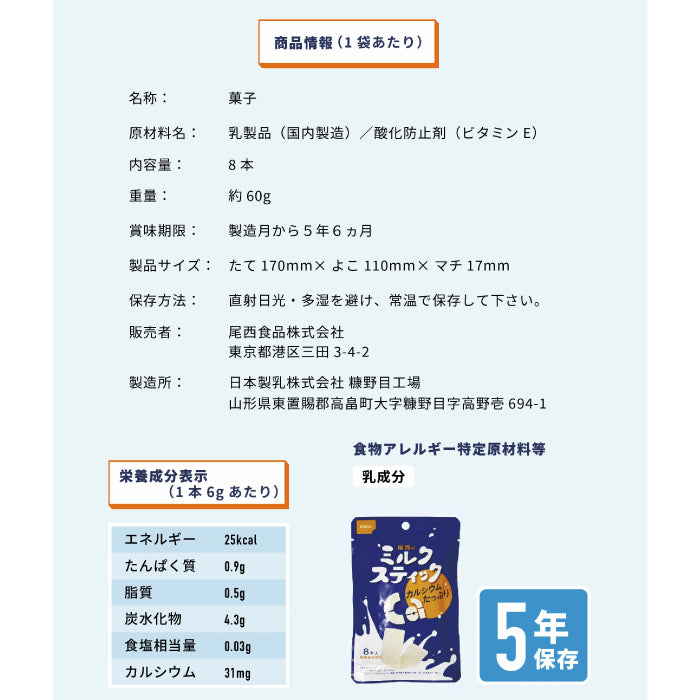 五年保存期 Onisi 尾西 牛奶條
