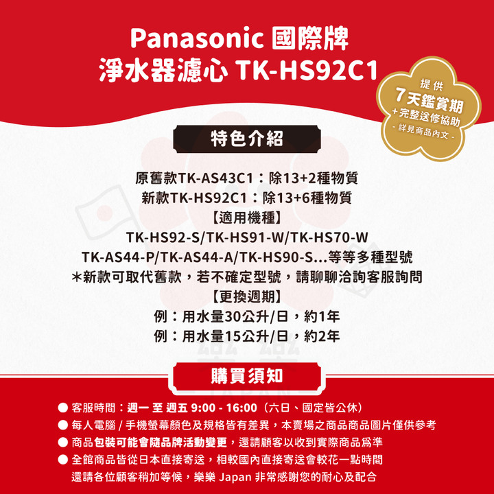 Panasonic 國際牌 淨水器濾心 TK-HS92C1